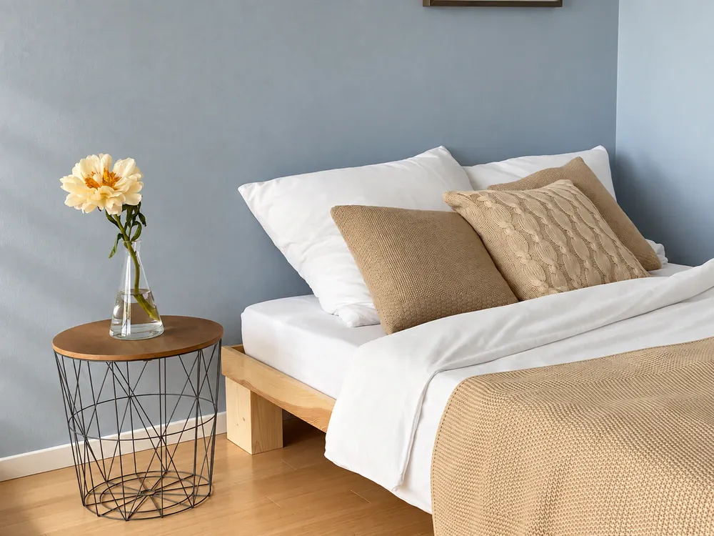 Helles Doppelbett, ruhige Detailansicht