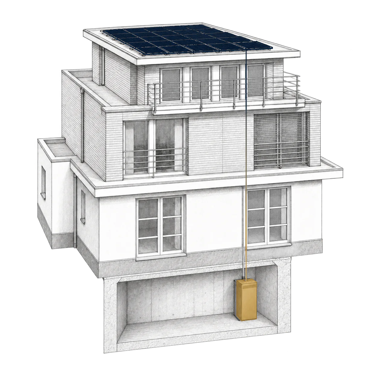 Architekturzeichnung der Vonhausen Residence mit dunkelblauer Photovoltaikanlage, goldenem Batteriespeicher und visualisiertem Energiefluss
